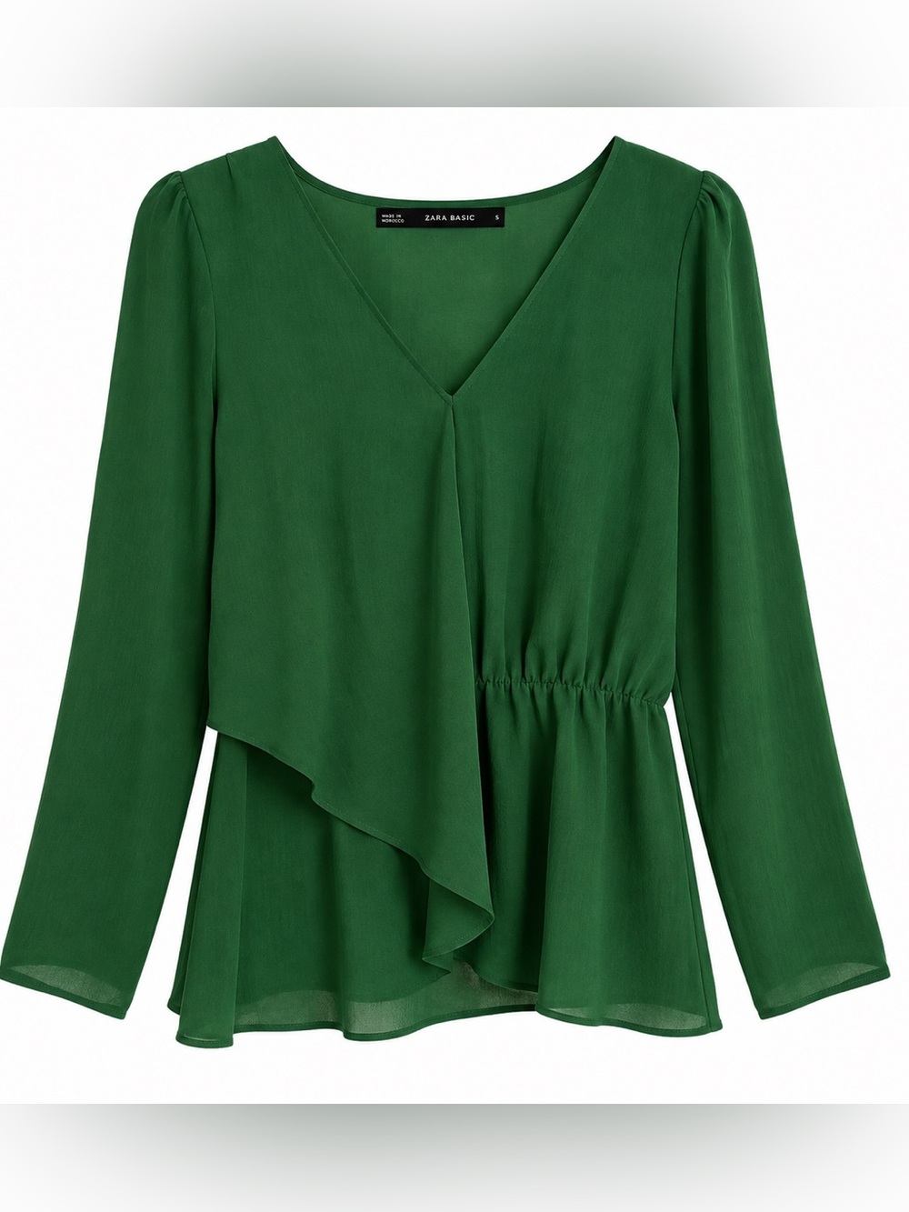 Zara Basic Green Draped Blouse Small V Neck Long Sleeve Asymmetrical Top